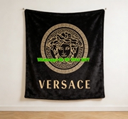 Versace Black Gold Carbon Fiber Medusa Greek Key Printed Flannel Throw Blanket IMG_1279
